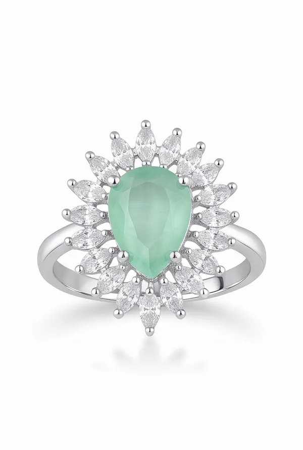 Ishrin_Studio_Silver_Plated_Green_Pear_Cut_Cz_Adjustable_Ring_For_Women_&_Girls_|_Floral_Halo_Statement_Cocktail_Ring