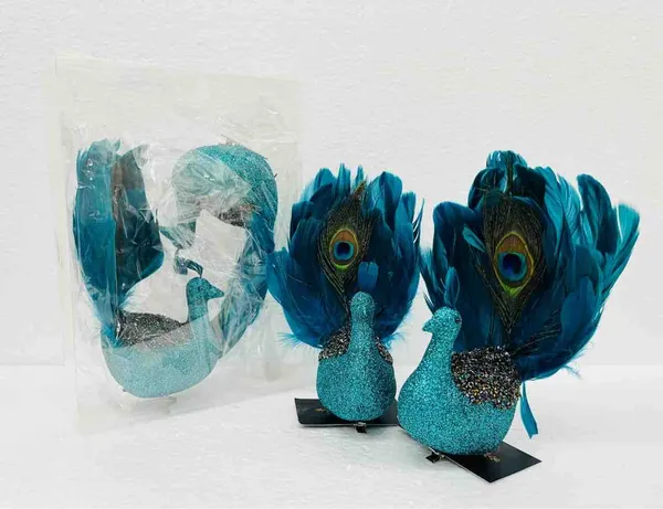 Plastic_Feather_Glitter_Turquoise_Peacock_Decorative_Showpiece_Set_Of_2