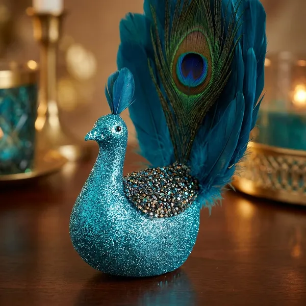 Plastic_Feather_Glitter_Turquoise_Peacock_Decorative_Showpiece_Set_Of_2