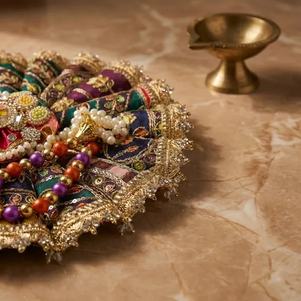 Metal_Fabric_Embroidered_Multicolor_Pooja_Thali_Set