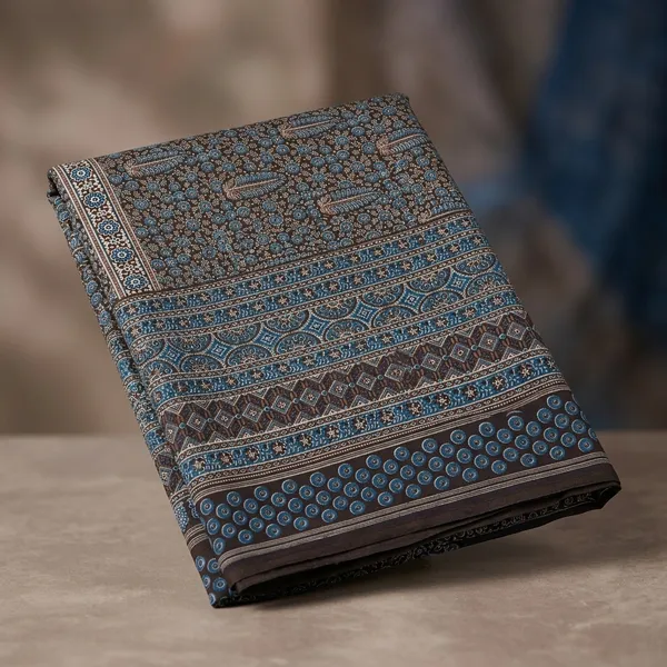 Royal_Blue_Italian_Crepe_Saree_Adorned_With_Elegant_Ajrak_Print_Artistry