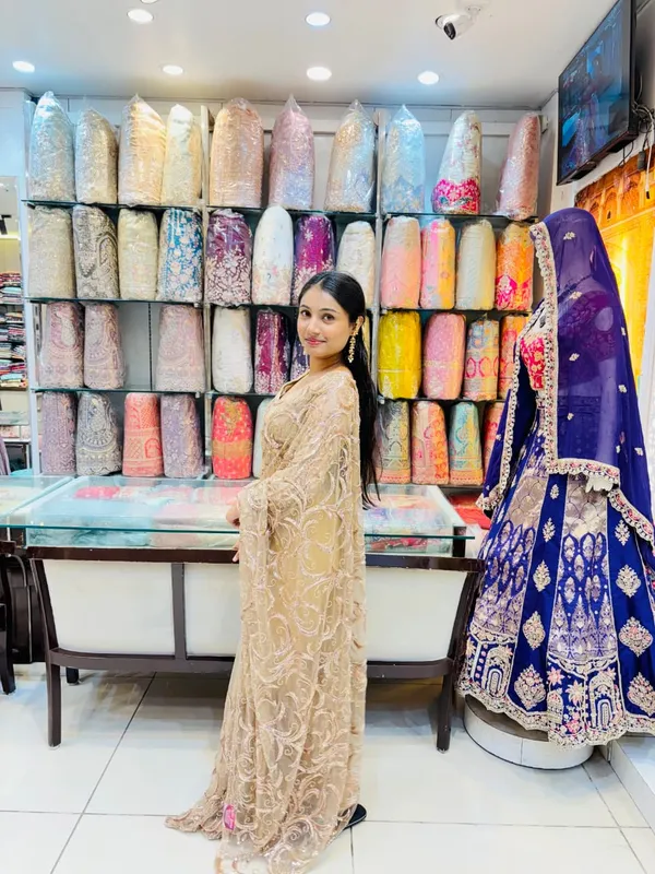 Champagne_Beige_Designer_Net_Saree_with_Heavy_Sequin_&_Thread_Embroidery