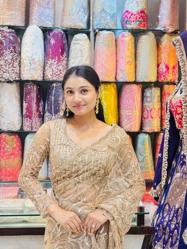 Champagne_Beige_Designer_Net_Saree_with_Heavy_Sequin_&_Thread_Embroidery