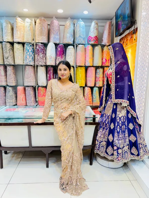Champagne_Beige_Designer_Net_Saree_with_Heavy_Sequin_&_Thread_Embroidery