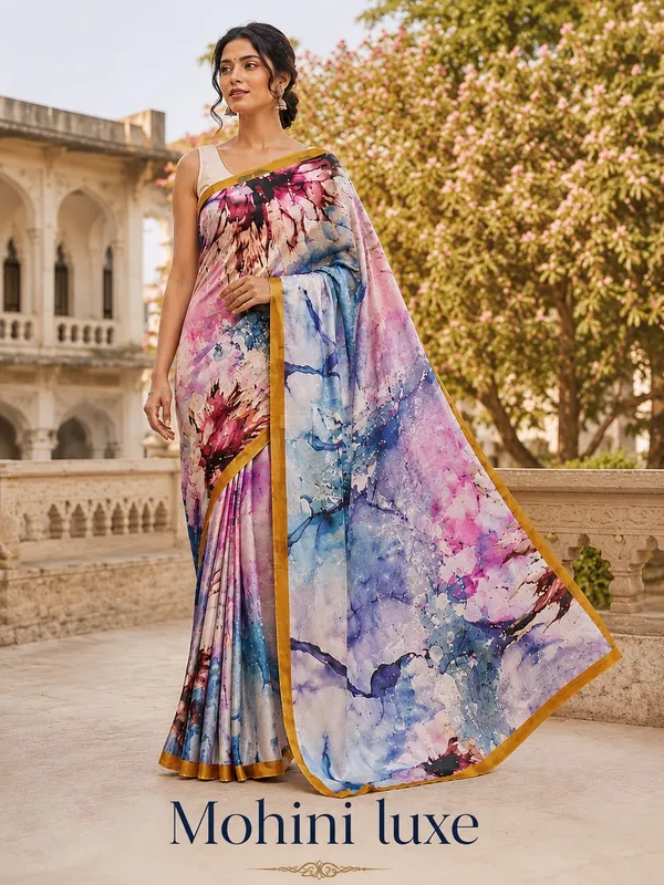Elegant_Multicolor_Abstract_Print_Saree_with_Golden_Border_|_Soft_&_Stylish_Party_Wear_Saree