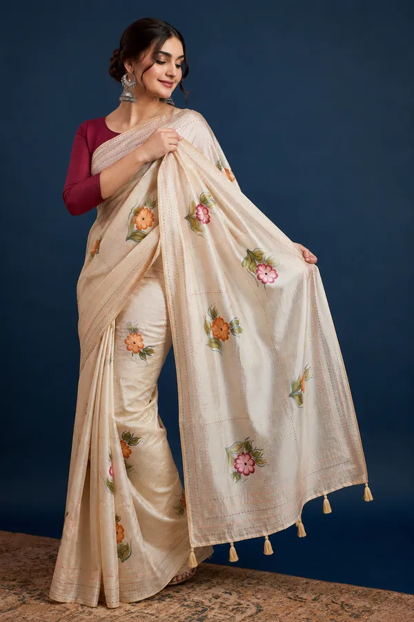 Cream_Floral_Embroidered_Silk_Blend_Saree_For_Women