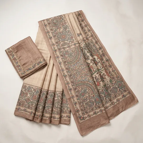 Elegant_Beige_Soft_Silk_Saree_With_Kalamkari_Prints