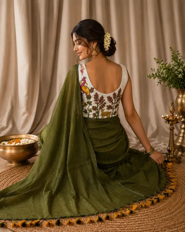 Olive_Green_Linen_Cotton_Saree_with_Handcrafted_Floral_Blouse