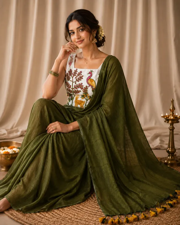Olive_Green_Linen_Cotton_Saree_with_Handcrafted_Floral_Blouse