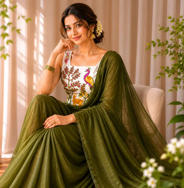 Olive_Green_Linen_Cotton_Saree_with_Handcrafted_Floral_Blouse