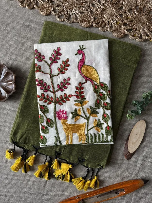 Olive_Green_Linen_Cotton_Saree_with_Handcrafted_Floral_Blouse