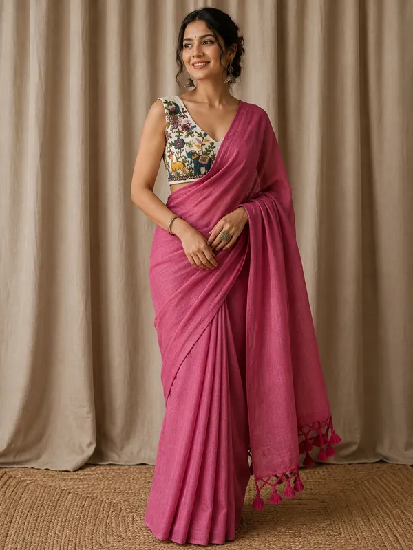 Pink_Linen_Cotton_Saree_with_Embroidered_Blouse