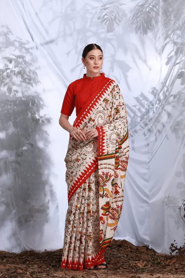 Off_White_Warli_Print_Red_Border_Saree_For_Women