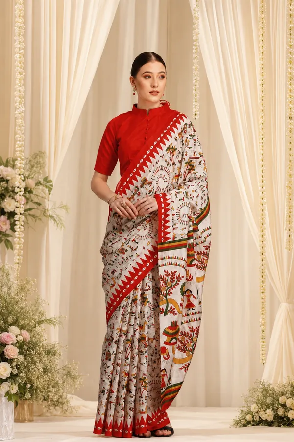 Off_White_Warli_Print_Red_Border_Saree_For_Women