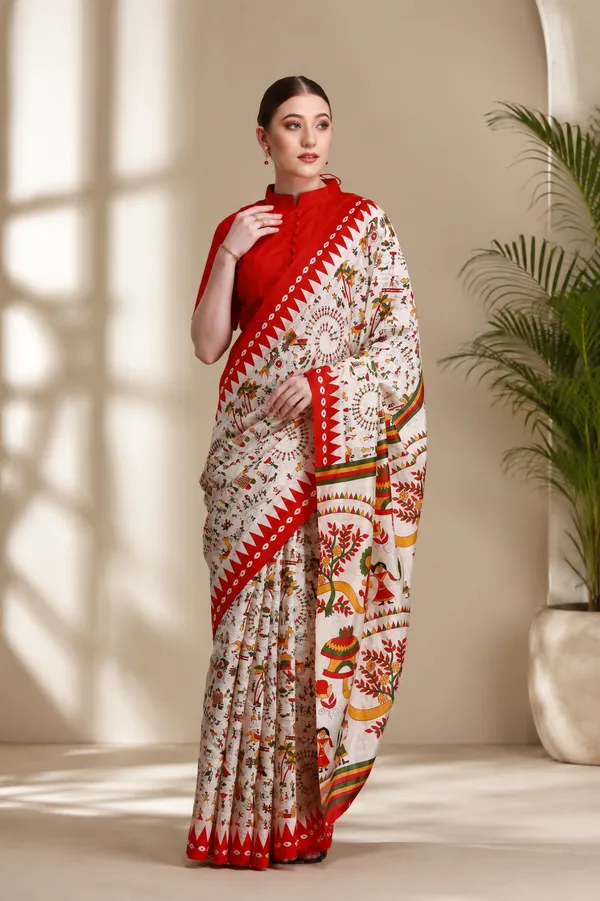 Off_White_Warli_Print_Red_Border_Saree_For_Women