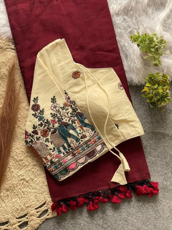 Royal_Maroon_Linen_Cotton_Saree_with_Designer_Embroidered_Stitched_Blouse