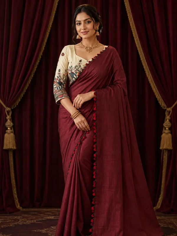 Royal_Maroon_Linen_Cotton_Saree_with_Designer_Embroidered_Stitched_Blouse