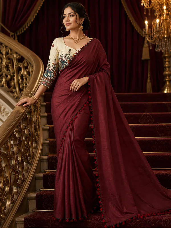 Royal_Maroon_Linen_Cotton_Saree_with_Designer_Embroidered_Stitched_Blouse