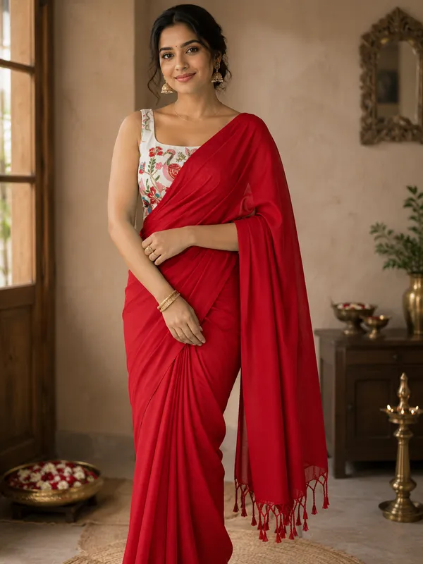 Royal_Red_Linen_Cotton_Saree_with_Elegant_Tassel_Pallu