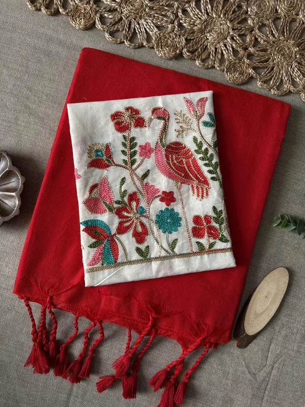 Royal_Red_Linen_Cotton_Saree_with_Elegant_Tassel_Pallu