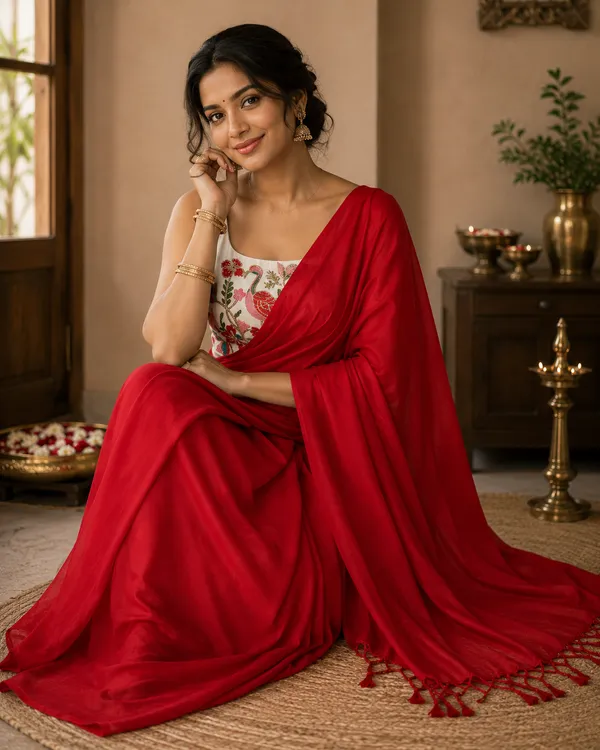Royal_Red_Linen_Cotton_Saree_with_Elegant_Tassel_Pallu