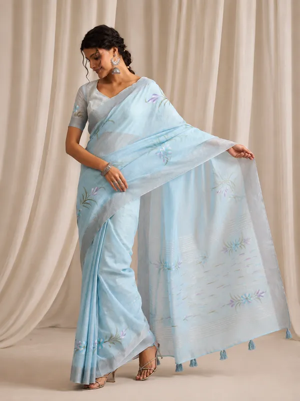 Sky_Blue_Linen_Floral_Print_Saree_For_Women