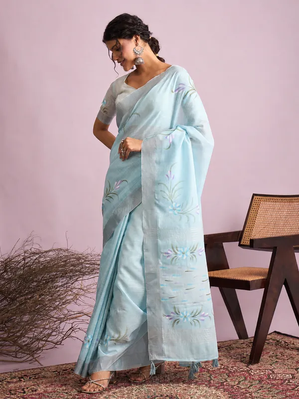 Sky_Blue_Linen_Floral_Print_Saree_For_Women
