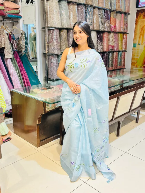 Sky_Blue_Linen_Floral_Print_Saree_For_Women