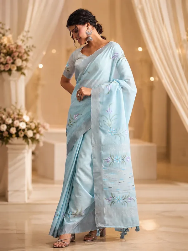 Sky_Blue_Linen_Floral_Print_Saree_For_Women