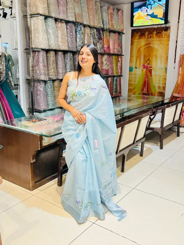 Sky_Blue_Linen_Floral_Print_Saree_For_Women