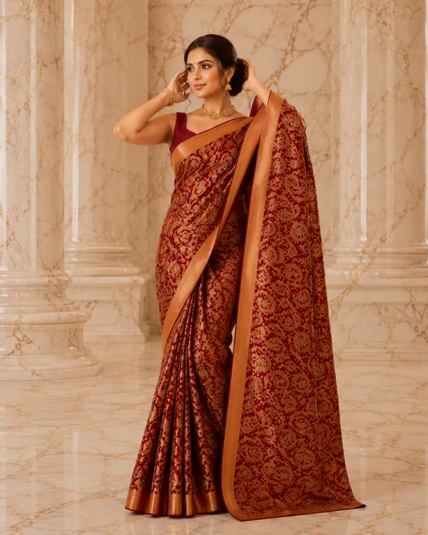 Maroon_Gold_Paisley_Brocade_Silk_Dupatta_With_Copper_Border_Saree