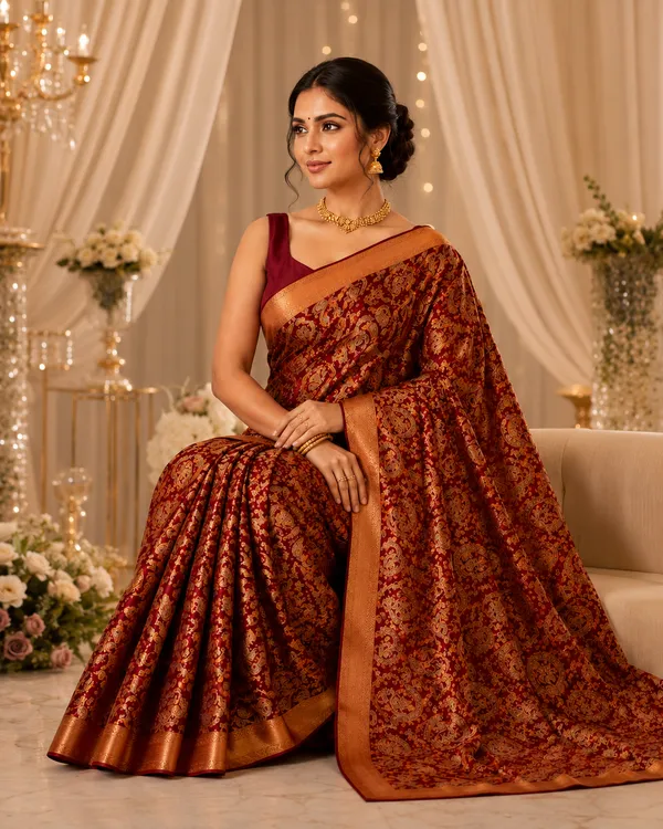 Maroon_Gold_Paisley_Brocade_Silk_Dupatta_With_Copper_Border_Saree