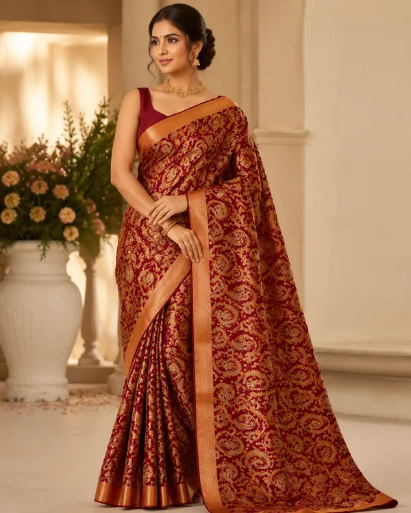 Maroon_Gold_Paisley_Brocade_Silk_Dupatta_With_Copper_Border_Saree