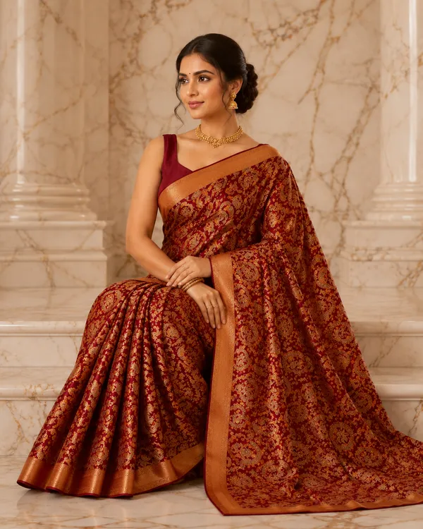 Maroon_Gold_Paisley_Brocade_Silk_Dupatta_With_Copper_Border_Saree