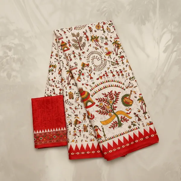 Off_White_Warli_Print_Red_Border_Saree_For_Women