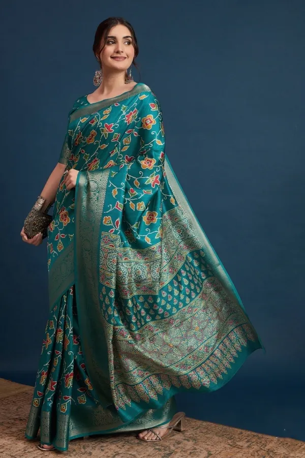 Teal_Banarasi_Silk_Floral_Zari_Weave_Saree_For_Women
