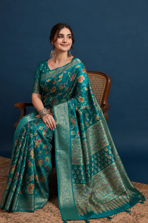 Teal_Banarasi_Silk_Floral_Zari_Weave_Saree_For_Women