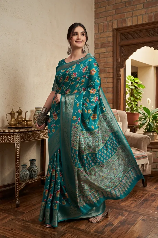 Teal_Banarasi_Silk_Floral_Zari_Weave_Saree_For_Women