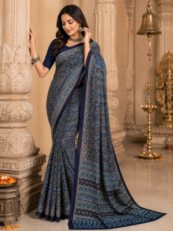 Royal_Blue_Italian_Crepe_Saree_Adorned_With_Elegant_Ajrak_Print_Artistry