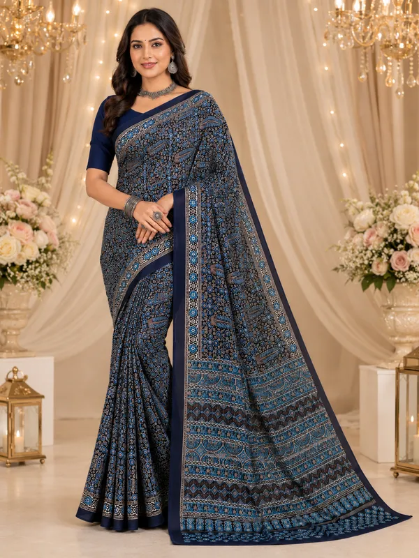 Royal_Blue_Italian_Crepe_Saree_Adorned_With_Elegant_Ajrak_Print_Artistry