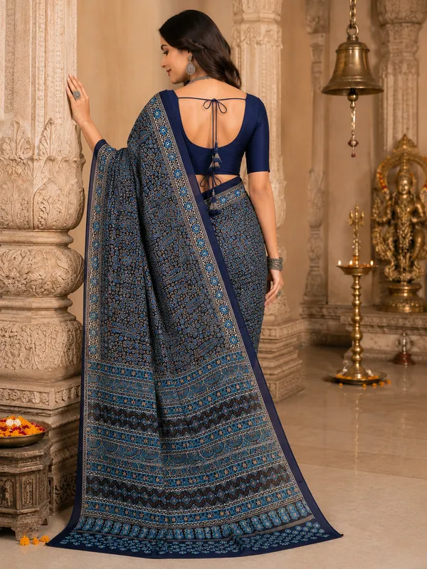 Royal_Blue_Italian_Crepe_Saree_Adorned_With_Elegant_Ajrak_Print_Artistry