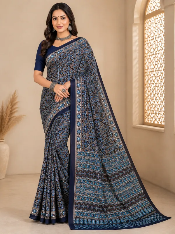 Royal_Blue_Italian_Crepe_Saree_Adorned_With_Elegant_Ajrak_Print_Artistry