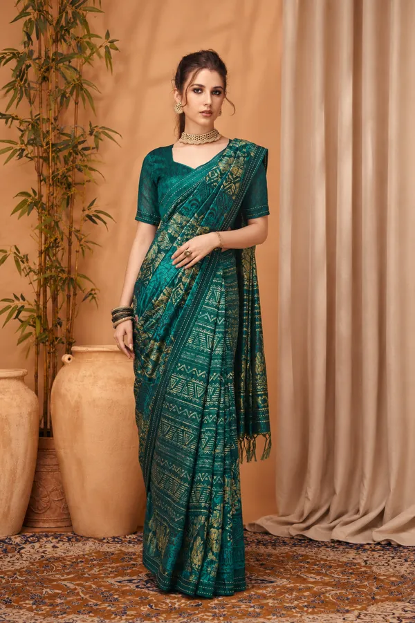 Elegant_Rama_Green_Linen_Silk_Saree_With_Prints