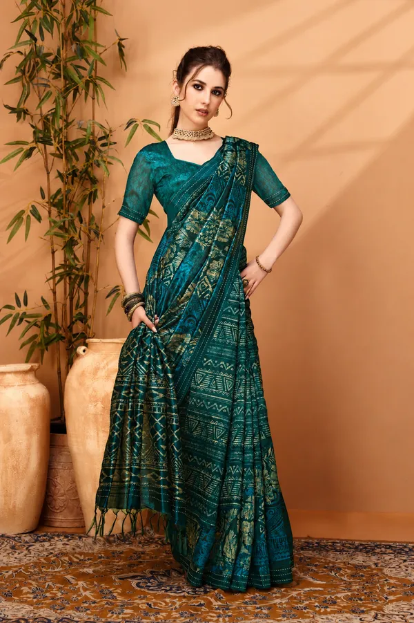 Elegant_Rama_Green_Linen_Silk_Saree_With_Prints