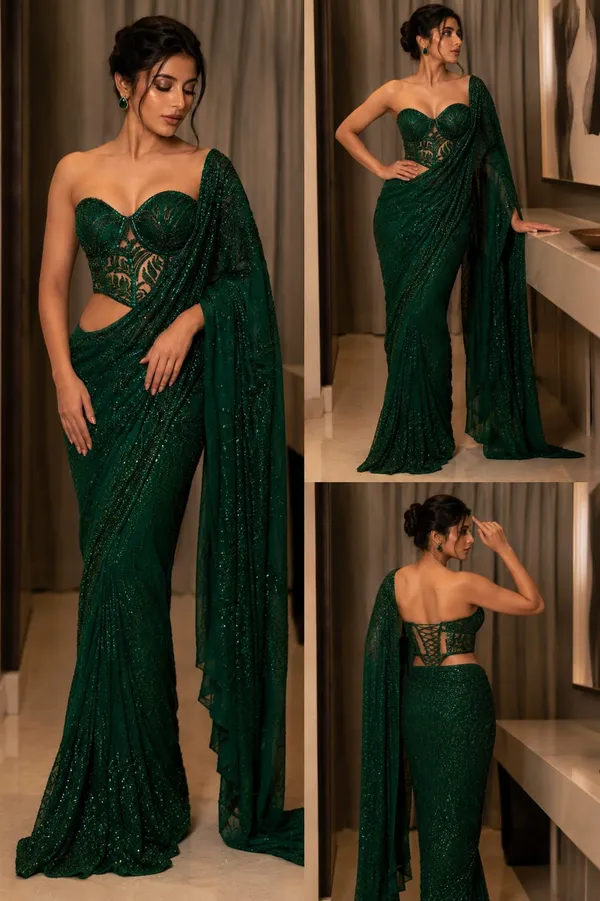 Emerald_Green_Sequin_Netted_Drape_Saree_with_Sculpted_Corset_Blouse