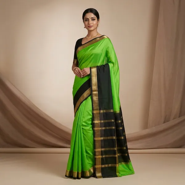 Green_And_Black_Mysore_crape_Silk_Saree_With_Golden_Border