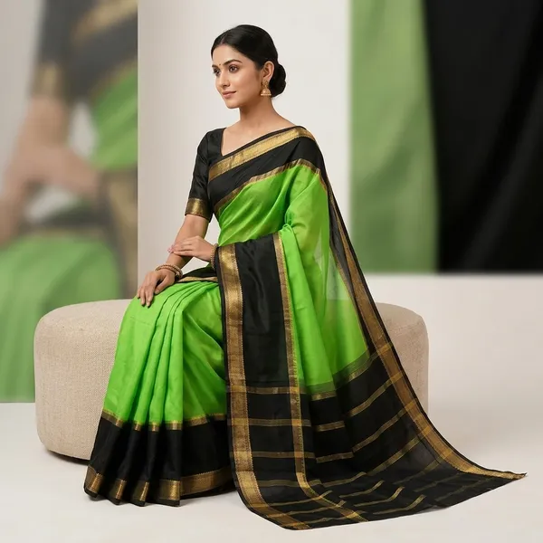 Green_And_Black_Mysore_crape_Silk_Saree_With_Golden_Border