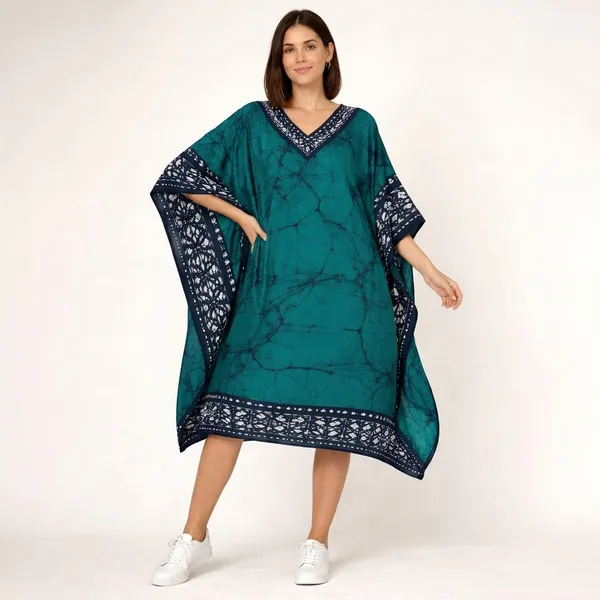 Teal_Batik_Kaftan_with_Navy_Blue_Border_for_Women