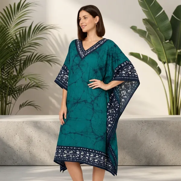 Teal_Batik_Kaftan_with_Navy_Blue_Border_for_Women