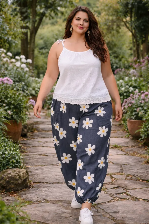 Black_&White_Daisy_Print_Cotton_Lounge_Pants_for_Women
